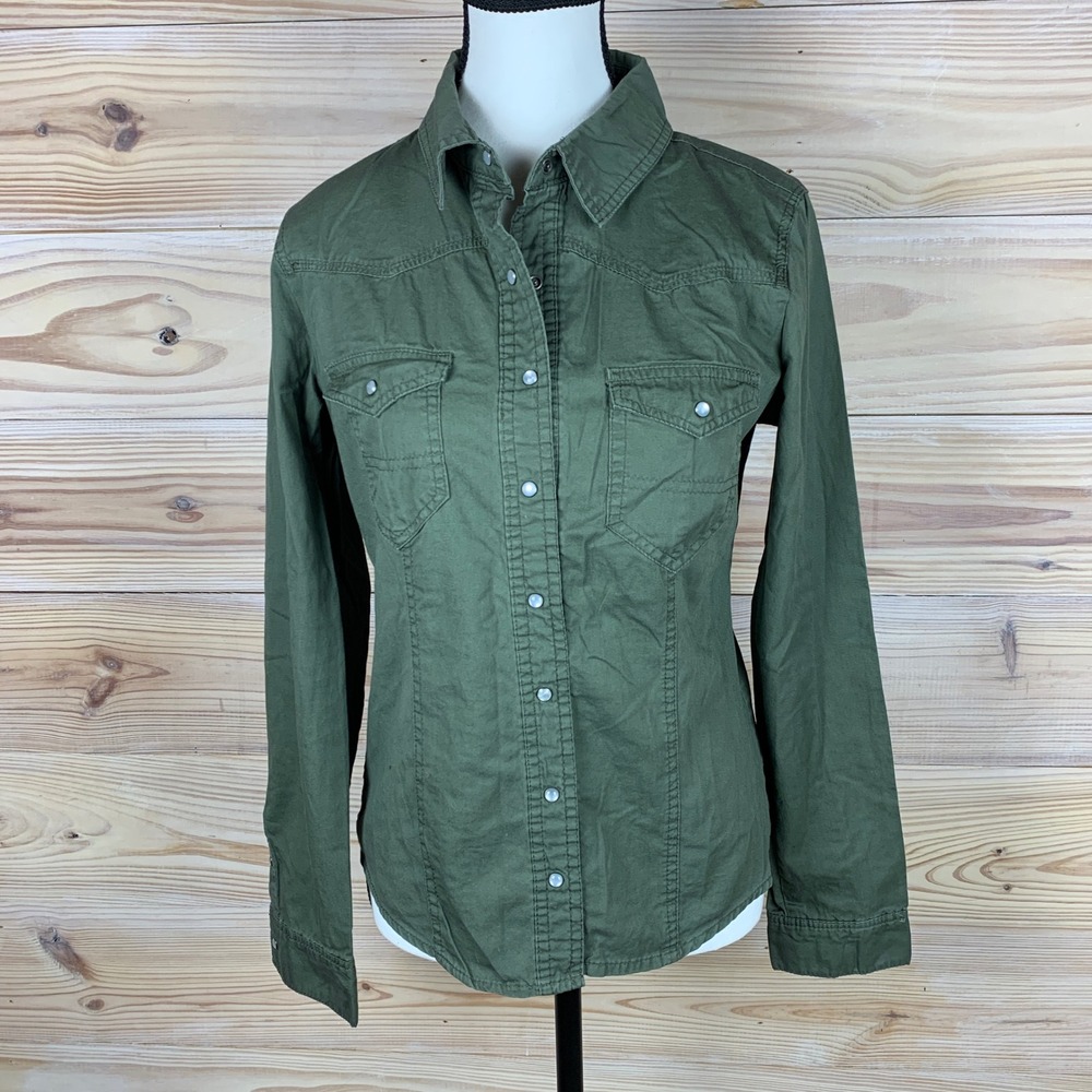dELiA*s Western Shirt Womens Medium Olive Green Snap Button Utility Long Sleeve